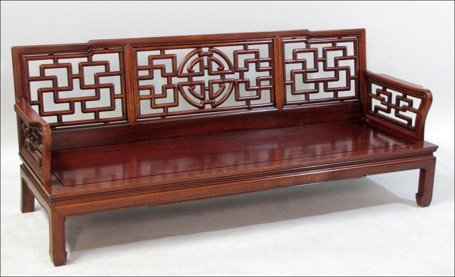 CHINESE CARVED MAHOGANY SETTEE.: CHINESE CARVED MAHOGANY SETTEE. H: 30" W: 74" D: 25"