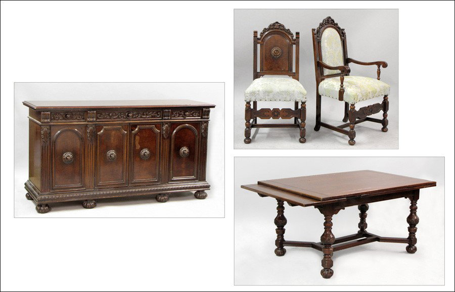ITALIAN RENAISSANCE REVIVAL STYLE MAHOGANY DINI: ITALIAN RENAISSANCE REVIVAL STYLE MAHOGANY DINING SUITE. Comprised of a Refrectory Table, 30.75" x 60.5" x 40"; Two Armchairs, 44.5"; Four Side Chairs, 41.5"; and Sideboard, 37.5" x 70" x 22.25"