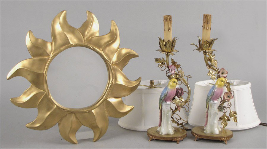 PAIR OF PORCELAIN AND GILTMETAL TABLE LAMPS.: PAIR OF PORCELAIN AND GILTMETAL TABLE LAMPS. Together with a sunburst gilt composite mirror Lamp height: 15" Mirror diameter: 15"