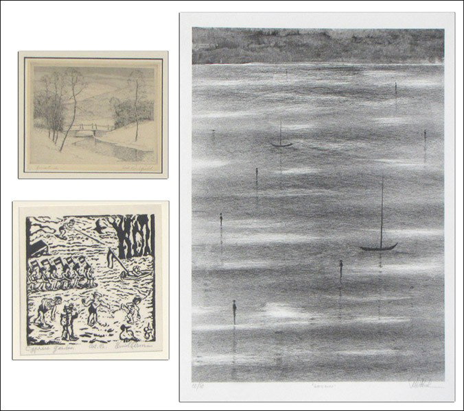 PRINT MAKERS (20TH CENTURY) GROUP OF THREE.: PRINT MAKERS (20TH CENTURY) GROUP OF THREE. EMIL ARMIN (1883-1971): Cypress Garden, linocut, 1966, signed, titled and annotated in pencil in the lower margin, Artist's Proof (6.50" x 6" sheet), matted