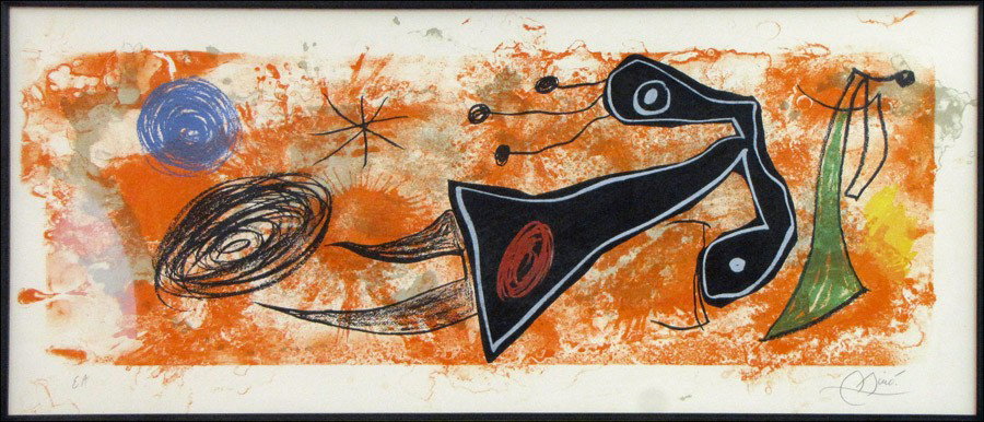 AFTER JOAN MIRO UNTITLED.: AFTER JOAN MIRO UNTITLED. Color lithograph, bearing pencil signature lower right, edition E.A.; Frame: 23.25" x 41.50" 13.75" x 32" (sight)