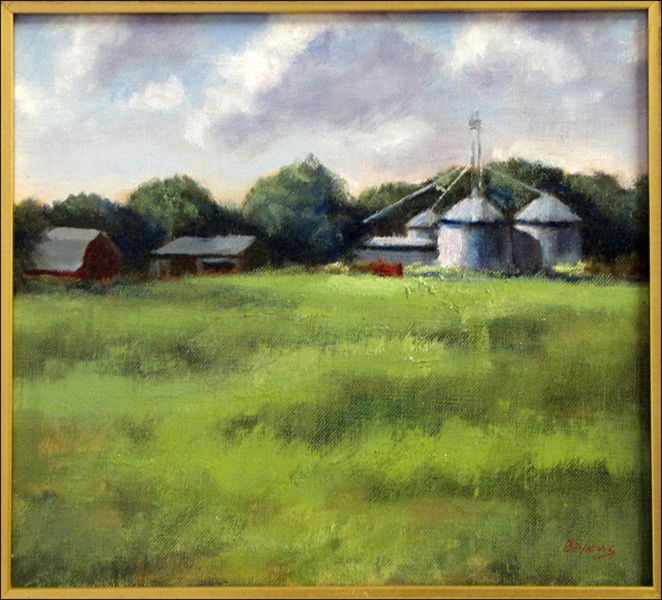 JAYNE BELLOWS (20TH CENTURY) SILOS IN LANDSCAPE: JAYNE BELLOWS (20TH CENTURY) SILOS IN LANDSCAPE. Oil on wood panel, signed lower right; Frame: 15" x 16" 10" x 11"