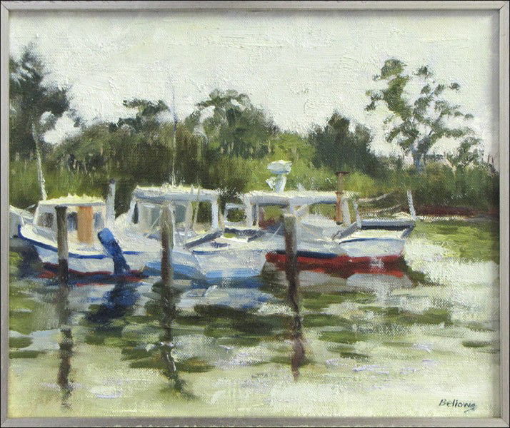 JAYNE BELLOWS (20TH CENTURY) BOATS DOCKSIDE.: JAYNE BELLOWS (20TH CENTURY) BOATS DOCKSIDE. Oil on canvas laid on wood panel, signed lower right; Frame: 15" x 17" 10" x 12"