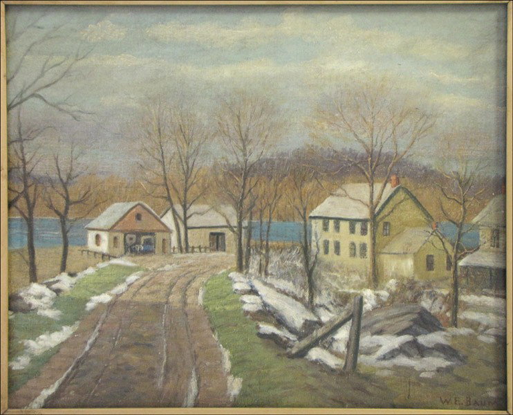 WALTER EMERSON BAUM (AMERICAN 1884-1956) FARM A: WALTER EMERSON BAUM (AMERICAN 1884-1956) FARM ALONG THE DELAWARE. Oil on board, signed lower right 'W.E. Baum;' Additionally signed and titled on the reverse with paper label citing artist's exhibitio