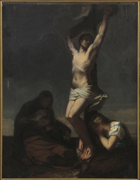 CONTINENTAL SCHOOL CRUCIFIXION.: CONTINENTAL SCHOOL CRUCIFIXION. Oil on canvas, unsigned; Frame: 42" x 34.50" 35" x 28"