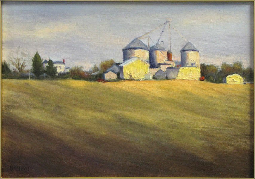 JAYNE BELLOWS (20TH CENTURY) VIEW FROM THE FIEL: JAYNE BELLOWS (20TH CENTURY) VIEW FROM THE FIELDS. Oil on canvas board, signed LL Board: 10" x 14"