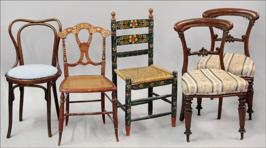 PAIR OF VICTORIAN MAHOGANY SIDE CHAIRS.: PAIR OF VICTORIAN MAHOGANY SIDE CHAIRS. Together with two painted side chairs, 36" & 32.5", and a Thonet chair, 33" Victorian Side Chairs: 33.5"