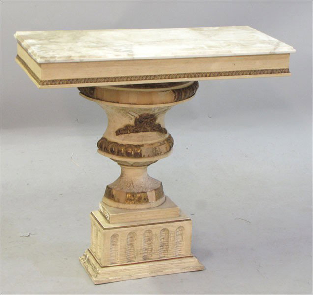NEOCLASSICAL STYLE PAINTED AND PARCEL GILT CONS: NEOCLASSICAL STYLE PAINTED AND PARCEL GILT CONSOLE. H: 33.5" W: 34" D: 14"