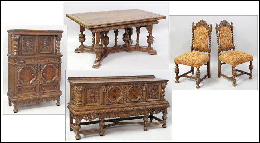 ITALIAN BAROQUE STYLE CARVED OAK DINING SUITE.: ITALIAN BAROQUE STYLE CARVED OAK DINING SUITE. Comprised of an extension dining table, 31" x 66" x 38", with two 18" interior leaves; five side chairs, H: 44.25"; sideboard, 39" x 76" x 23"; and cabin