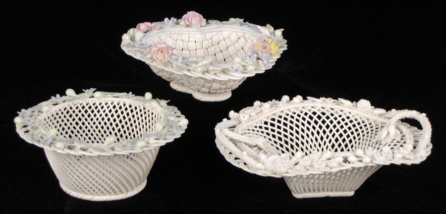 THREE BELLEEK PARIAN PORCELAIN BASKETS.: THREE BELLEEK PARIAN PORCELAIN BASKETS. Largest: 2.5" x 8" x 6"