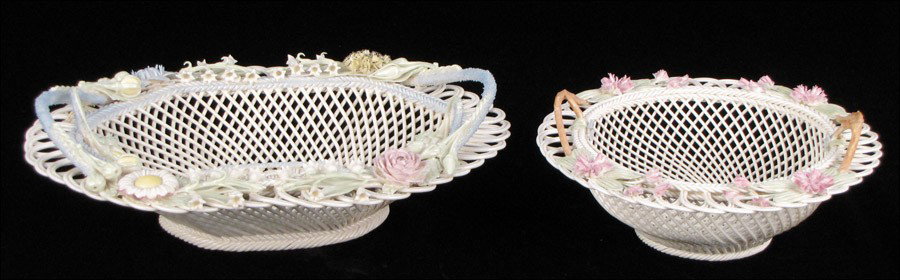 TWO BELLEEK PARIAN PORCELAIN BASKETS.: TWO BELLEEK PARIAN PORCELAIN BASKETS. Larger: 3.5" x 12" x 9"