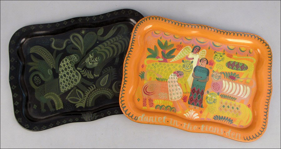 TWO WILLIAM MOULIS PAINTED TRAYS.: TWO WILLIAM MOULIS PAINTED TRAYS. Both signed "William Moulis" en verso 16.5" x 22.5"