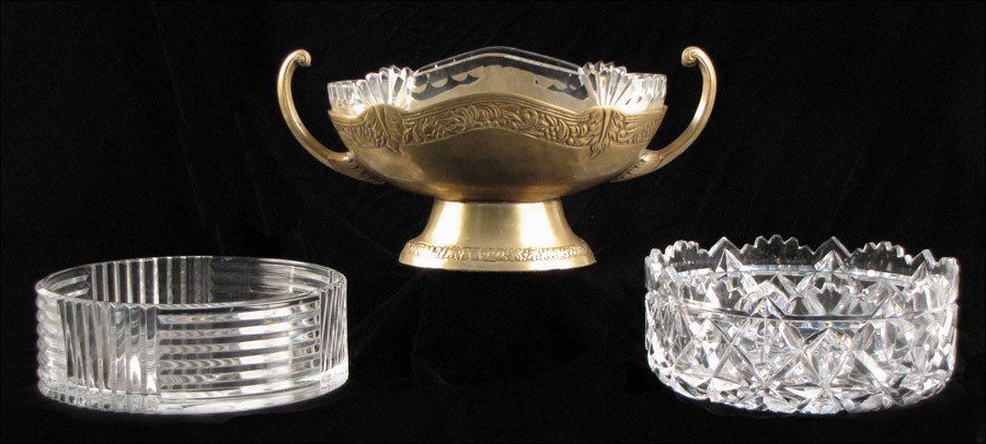 VAL ST. LAMBERT CRYSTAL BOWL.: VAL ST. LAMBERT CRYSTAL BOWL. Together with a cut glass bowl, and a patinated metal pedestal bowl with cut glass insert Pedestal bowl: 6.5" x 13.5"