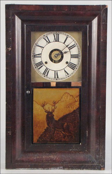 SETH THOMAS SHELF CLOCK.: SETH THOMAS SHELF CLOCK. With a reverse decorated forest scene depicting a deer 25" x 15.5"