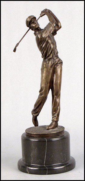 BRONZE FIGURE OF A GOLFER.: BRONZE FIGURE OF A GOLFER. Signed Milo. Raised on a 3" marble base Bronze: 11.5"