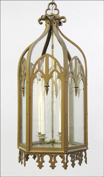GOTHIC STYLE IRON HANGING FIXTURE.: GOTHIC STYLE IRON HANGING FIXTURE. H: 42" W: 18" D: 18"