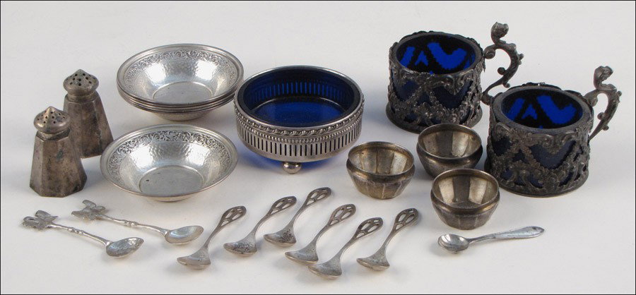 PAIR OF ENGLISH STERLING SILVER AND COBALT SALT: PAIR OF ENGLISH STERLING SILVER AND COBALT SALT CELLARS. Together with a Wallace sterling silver and cobalt salt cellar, a set of six sterling silver salt spoons, three silver salt spoons, three sterl