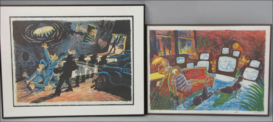 GREG CONSTANTINE (AMERICAN, B.1938) TWO WORKS.: GREG CONSTANTINE (AMERICAN, B.1938) TWO WORKS. Picasso Watching Harry Whoever & St. Valentine's Massacre: Each a color lithograph, signed, titled and numbered in pencil in the lower margins, editions