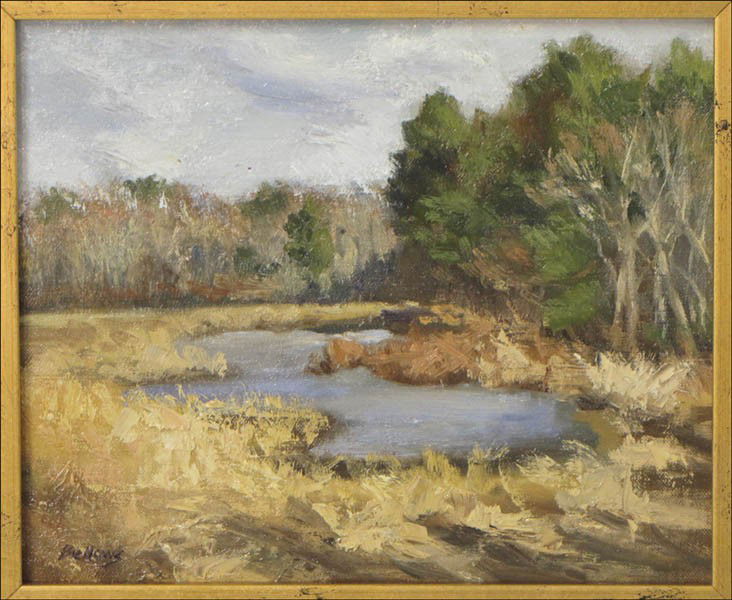 JAYNE BELLOWS (20TH CENTURY) POND AT EASTERN NE: JAYNE BELLOWS (20TH CENTURY) POND AT EASTERN NECK ISLAND. Oil on canvas board, signed LL Board: 10" x 12" Frame: 15.5" x 17.5"