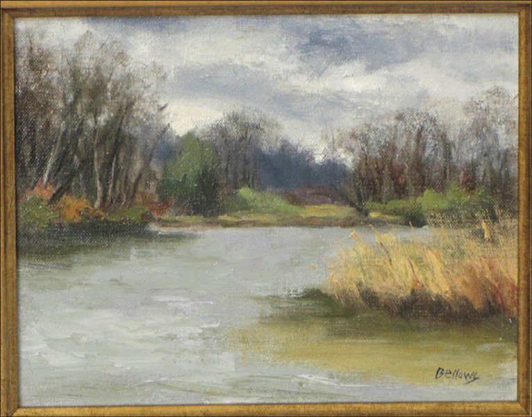 JAYNE BELLOWS (20TH CENTURY) SHIPYARD CREEK.: JAYNE BELLOWS (20TH CENTURY) SHIPYARD CREEK. Oil on canvas board, signed LR Board: 8" x 10" Frame: 12.5" x 14.5"