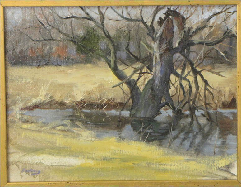 JAYNE BELLOWS (20TH CENTURY) EASTERN NECK ISLAN: JAYNE BELLOWS (20TH CENTURY) EASTERN NECK ISLAND. Oill on canvas board, signed LR Board: 11" x 14" Frame: 16" x 19.5"