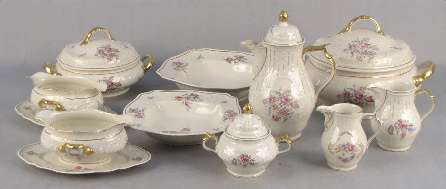 ROSENTHAL PORCELAIN DINNER SERVICE IN THE SANSS: ROSENTHAL PORCELAIN DINNER SERVICE IN THE SANSSOUCI PATTERN. Comprised of dinner plates, salad plates, teacups and saucers, two covered vegetable bowls,one picther, one creamer, one sugar bowl, one co