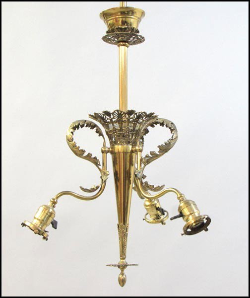 BRASS THREE-LIGHT HANGING FIXTURE.: BRASS THREE-LIGHT HANGING FIXTURE. 32" x 16"