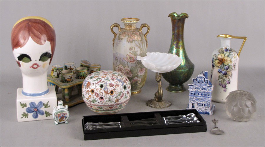 ZSOLNAY IRIDESCENT VASE.: ZSOLNAY IRIDESCENT VASE. Together with a Spanish ceramic cup set, an Italian painted ceramic bust, a Portuguese ceramic planter, a French porcelain vase, and various decorative items