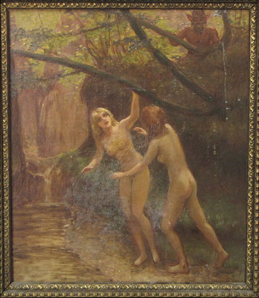 CONTINENTAL SCHOOL (19TH CENTURY) NYMPS STARTLE: CONTINENTAL SCHOOL (19TH CENTURY) NYMPS STARTLED BY A SATYR. Oil on canvas, unsigned; Frame: 10.75" x 20.50" 19.9" x 15.9"