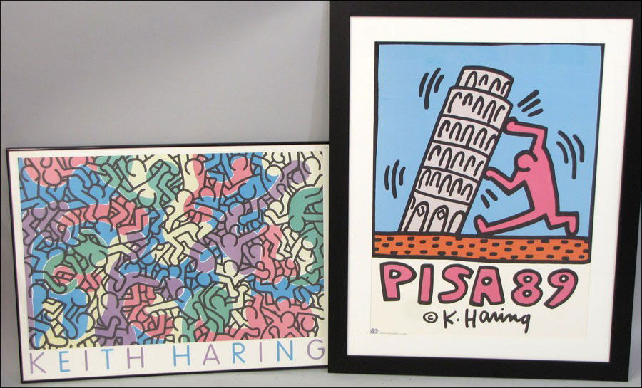 TWO KEITH HARING FRAMED POSTERS.: TWO KEITH HARING FRAMED POSTERS. Frames: 27.25" x 36.25"; 44.50" x 35"