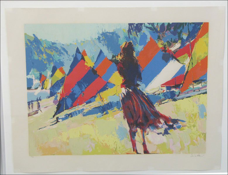 NICOLA SIMBARI (ITALIAN, B.1927) GIRL WITH SAIL: NICOLA SIMBARI (ITALIAN, B.1927) GIRL WITH SAILBOATS. Color serigraph, signed and numbered in pencil in the lower margin,edition 199/300; Frame: 34.50" x 42.75" 25" x 33"