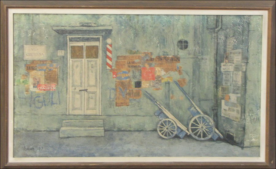 JOHN LENTINE (AMERICAN 1930-1968) IL BARBIERE,: JOHN LENTINE (AMERICAN 1930-1968) IL BARBIERE, 1957. Mixed media and collage on canvas, signed and dated lower left; Additionally signed, dated and titled on the reverse; Frame: 27.75" x 42.50" 21" x