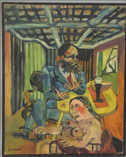 PATRICIA HERMINE SLOANE (AMERICAN, B.1934) THE : PATRICIA HERMINE SLOANE (AMERICAN, B.1934) THE POET & MUSE. Oil on canvas, signed lower left 'Sloane;' Verso: Exhibition label reading in part 'New York City Center Gallery;' Frame: 31.25" x 25" 30" x