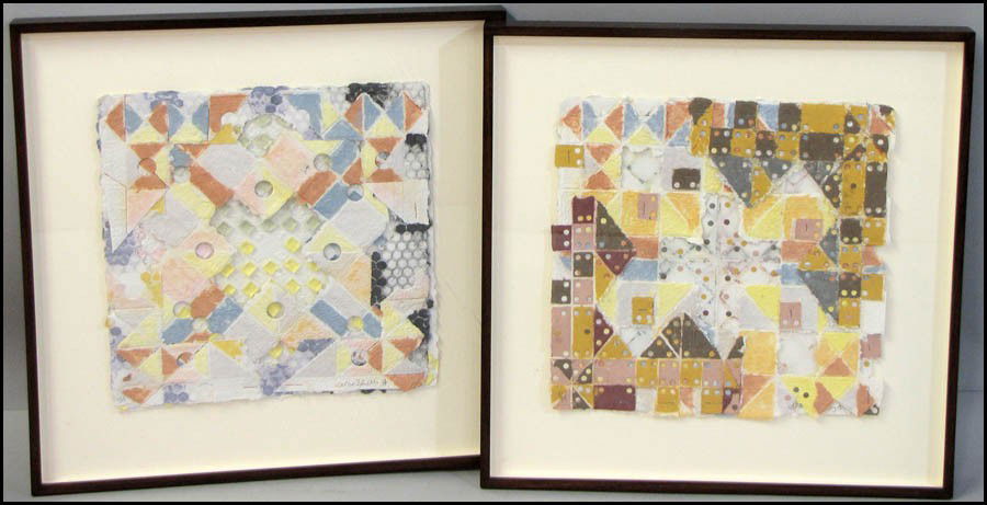 ALAN SHIELDS (AMERICAN 1944-2005) TWO WORKS.: ALAN SHIELDS (AMERICAN 1944-2005) TWO WORKS. Each a mixed media collage on handmade paper, 1987, signed, dated and numbered in pencil along the lower edge, editions 3/15, 4/14; Frames: 26.75" x 26.75"