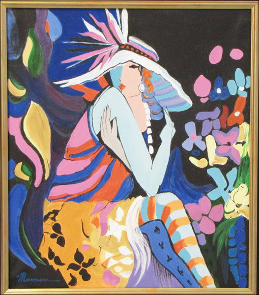ISAAC MAIMON (ISRAELI, B.1951) SEATED WOMAN.: ISAAC MAIMON (ISRAELI, B.1951) SEATED WOMAN. Acrylic on canvas, signed lower left; Frame: 34" x 30" 28.50" x 24.50"