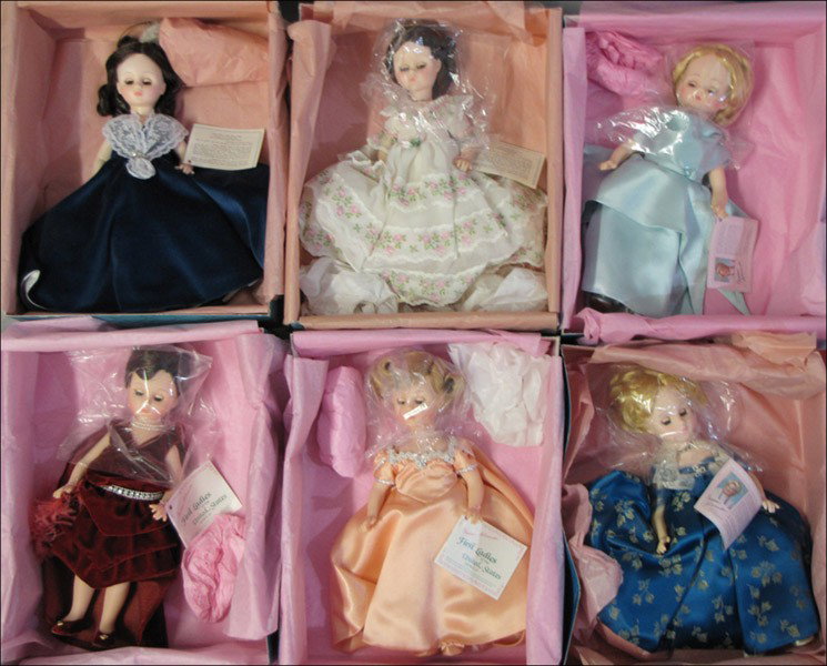 SIX MADAME ALEXANDER DOLLS FROM THE FIRST LADY : SIX MADAME ALEXANDER DOLLS FROM THE FIRST LADY SERIES. Comprised of Julia Tyler, Angelica Van Buren, Lou Hoover, Eleanor Roosevelt, Grace Coolidge, and Edith Roosevelt. All with original boxes