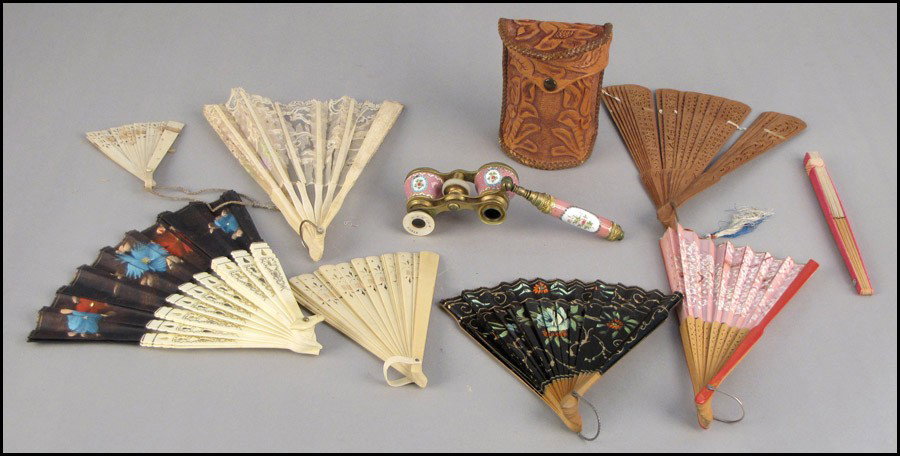 FRENCH ENAMELLED OPERA GLASSES.: FRENCH ENAMELLED OPERA GLASSES. Together with a group of bone, celluloid, and wood fans