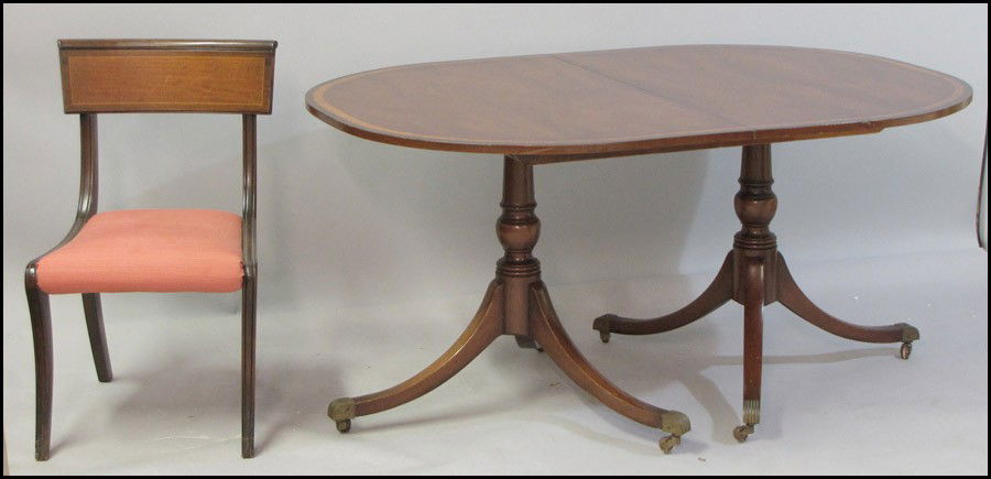 KITTINGER BANDED MAHOGANY TWIN PEDESTAL DINING: KITTINGER BANDED MAHOGANY TWIN PEDESTAL DINING TABLE. With two leaves, and six side chairs H: 29" W: 60" D: 42"