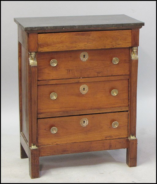 FRENCH ORMOLU MOUNTED CHEST OF DRAWERS.: FRENCH ORMOLU MOUNTED CHEST OF DRAWERS. With a marble top H: 38" W: 30" D: 16"