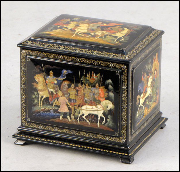 RUSSIAN PAINTED AND LACQUERED BOX.: RUSSIAN PAINTED AND LACQUERED BOX. Poleck School, depicting the Mighty Bogatyrs, signed V. Ckalozub. From the ucy Maxym collection H: 4.75" W: 5.5" D: 4.75"