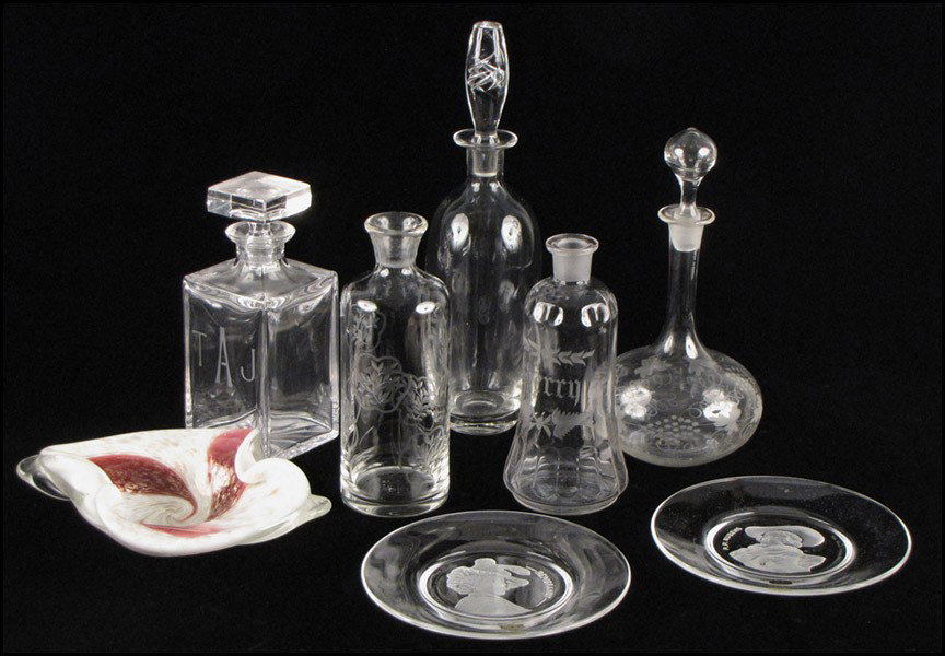 FIVE GLASS DECANTERS.: FIVE GLASS DECANTERS. Together with two Val St. Lambert crystal plates, and one Murano glass dish