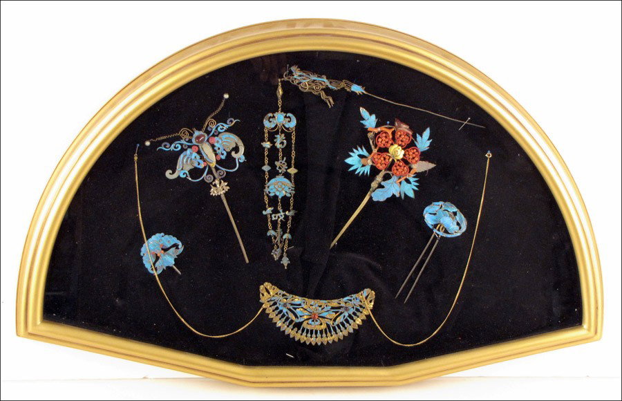 GROUP OF SIX CHINESE KINGFISHER FEATHER, CORAL: GROUP OF SIX CHINESE KINGFISHER FEATHER, CORAL, AND GILT METAL HAIR ORNAMENTS. In a fan form shadow box frame Frame: 24" x 14"