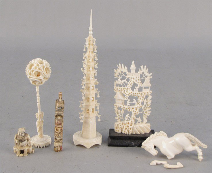 GROUP OF CARVED IVORY.: GROUP OF CARVED IVORY. Comprised of one puzzle ball on stand, one horse (legs broken but present), one netsuke, one carved panel, one tower, and one carved bone totemic piece