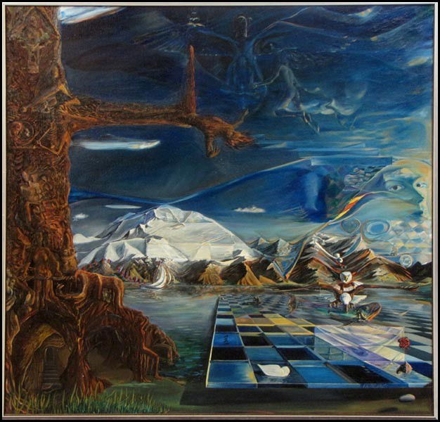 DOUG WEBB (AMERICAN, B.1946) EVOLLUSION, 1980-: DOUG WEBB (AMERICAN, B.1946) EVOLLUSION, 1980-83. Evollusion: A Journey through the Fabric of the Finished Creation. Oil on canvas, signed and dated lower right 'Douglas James Webb 1980-83;' Additiona