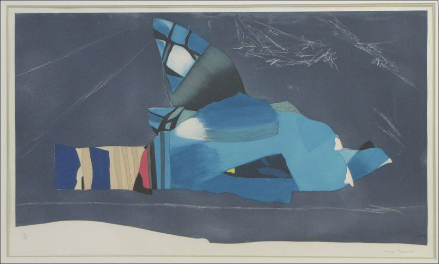 MAX PAPART (FRENCH 1911-1994) ENCHANTED BLUE B: MAX PAPART (FRENCH 1911-1994) ENCHANTED BLUE BIRD. Aquatint with Carborundum, 1979, signed in pencil lower right and numbered lower left 18/50; Frame: 38.25" x 55.75" 23.50" x 45.25"