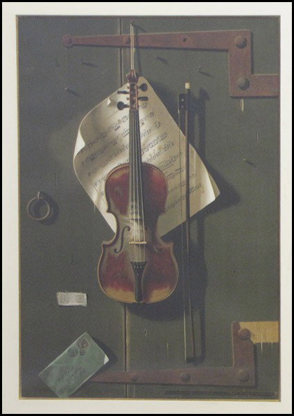 AFTER WILLIAM HARNETT THE OLD VIOLIN.: AFTER WILLIAM HARNETT THE OLD VIOLIN. Chromolithograph, published by Donaldson Art Sign Company; Verso: Gallery label reading in part 'Zaplin-Lampert Gallery, Santa Fe, NM;' Frame: 46.25" x 35" 35" x 