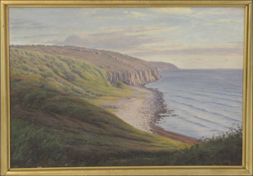 CONTINENTAL SCHOOL (20TH CENTURY) COASTAL VIEW: CONTINENTAL SCHOOL (20TH CENTURY) COASTAL VIEW. Oil on canvas, signed illegibly lower right; Frame: 26.25" x 34.75" 19.75" x 27.9"