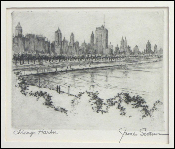 JAMES SWANN (1905-1985) CHICAGO HARBOR.: JAMES SWANN (1905-1985) CHICAGO HARBOR. Etching, pencil signed LR Sight: 4.5" x 5.5"