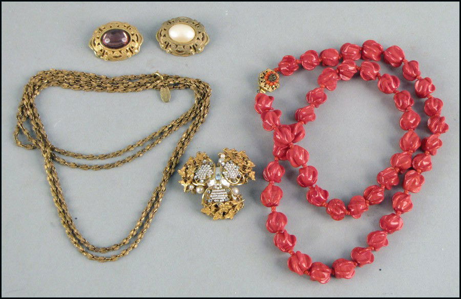 GROUP OF MIRIAM HASKELL JEWELRY.: GROUP OF MIRIAM HASKELL JEWELRY. Comprised of one red bead necklace, two brooches, one gold tone necklace, and one faux baroque pearl brooch