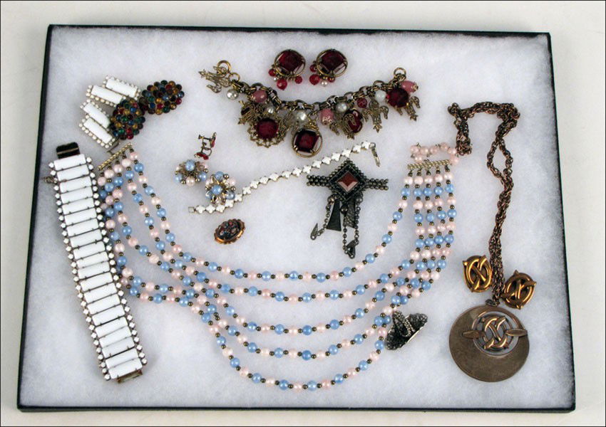 GERMAN INTAGLIO CHARM BRACELET AND EARCLIPS.: GERMAN INTAGLIO CHARM BRACELET AND EARCLIPS. Together with necklaces, bracelets, and earclips